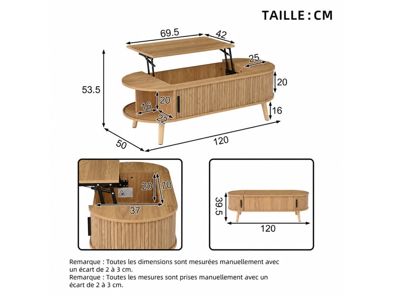  Table basse relevable en mdf – rangement dissimulé, 120 x 50 x 39,5 cm – finition naturelle  - Conforama D