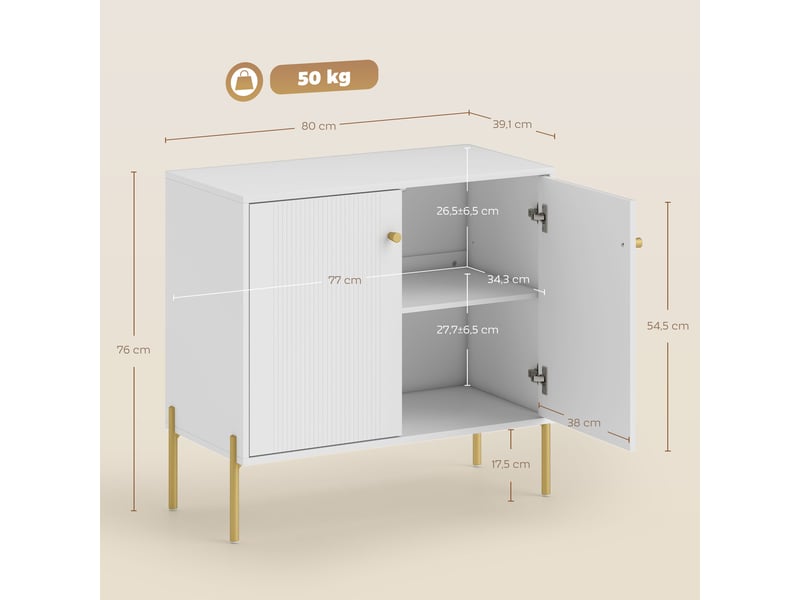 Buffet salon, meuble de rangement avec double porte cannelée, étagère réglable, pieds en acier, 80 x 39,1 x 76 cm, blanc - Conforama C