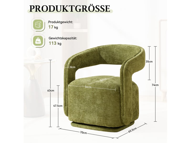  Fauteuil pivotant 360° 70x65,5x74 cm, dossier arrondi, assise rembourrée, tissu chenille et bois, vert  - Conforama C
