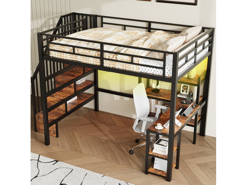 Lit mezzanine 140x200 cm noir avec bureau, escalier, led et station usb - Conforama E