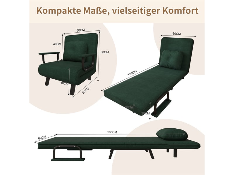  Fauteuil de relaxation convertible 60 x 60 x 80 cm – dossier réglable 5 positions lit 180° – chenille – vert foncé  - Conforama C