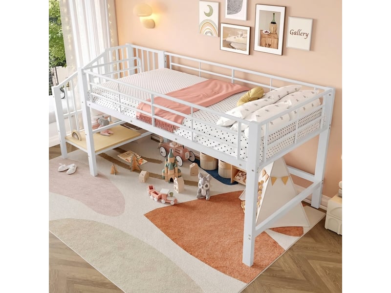 Lit mezzanine 90x200 avec escalier de rangement, lit enfant métal blanc  - Conforama C
