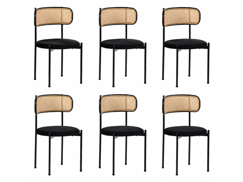  Chaise de salle à manger 6 pièces, dossier en rotin, velours noir  - Conforama A
