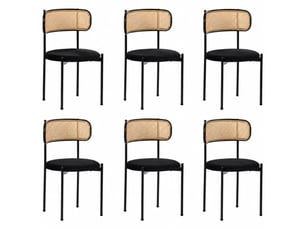 Chaise de salle à manger 6 pièces, dossier en rotin, velours noir