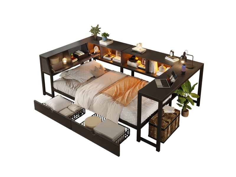  Lit simple 90x200 cm avec rangement et bureau, éclairage led en mdf et métal noir  - Conforama A