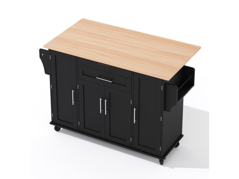 Îlot de cuisine mobile - 120×45 cm - extensible jusqu'à 70 cm - tiroir à couverts caché - étagères réglables 136x70x92cm - Conforama A