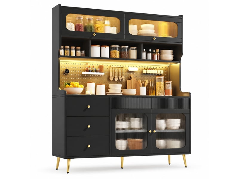  Buffet haut,145x39x171 cm,led et rangement,mdf et verre,noir  - Conforama A