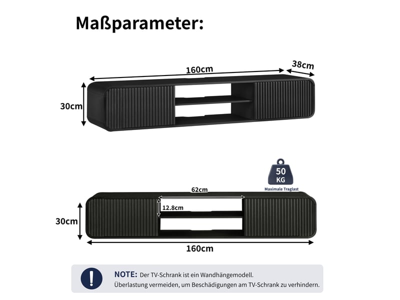  Meuble tv mural 160 x 38 x 30 cm – noir – rangements ouverts, portes ondulées et passe-câbles intégrés  - Conforama C