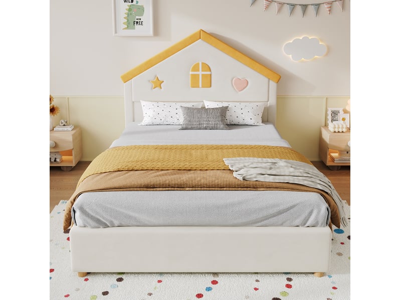  Lit enfant tcqpz 140 x 200 cm avec 4 tiroirs tête de lit maison en velours français beige  - Conforama D