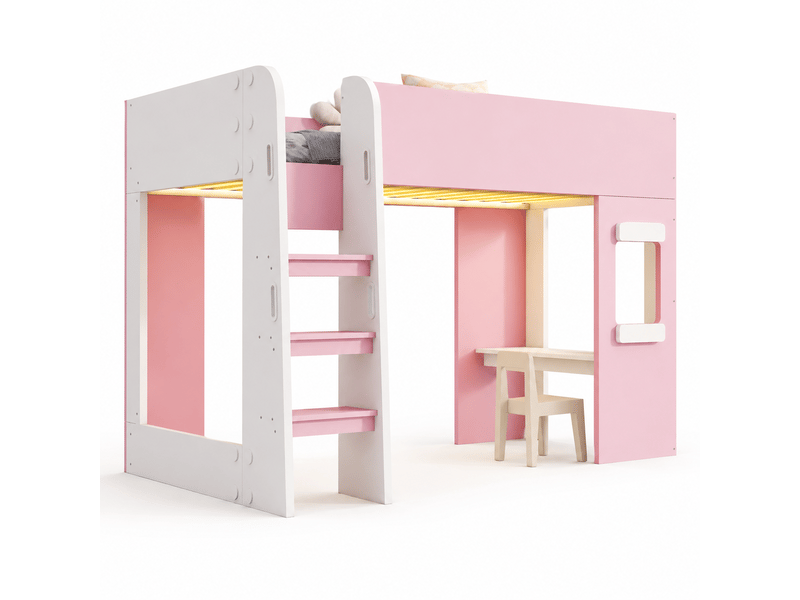  Lit mezzanine 90x200 cm avec bureau et led mdf blanc et rose sans matelas  - Conforama A