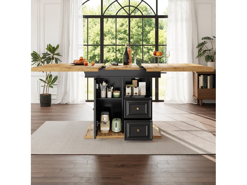 Table à manger extensible 110–140x80x75 cm, coffre et 2 tiroirs, mécanisme télescopique, mdf+métal, bois naturel - Conforama B