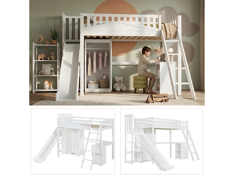  Lit mezzanine 90x200 cm, lit enfant avec barrière de sécurité, pin, lit superposé avec table et armoire et échelle à quatre marches  - Conforama W