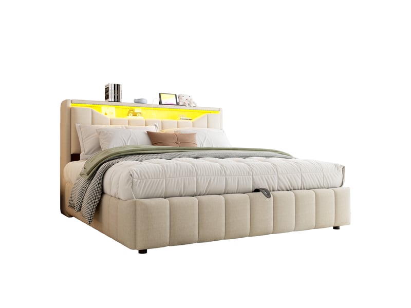  Lit coffre rembourré 180x200 cm, rangement hydraulique, tête de lit avec rangement, led, usb et usb-c, lin, métal et mdf, beige OMNIGLINT TRADING LTD - Conforama A
