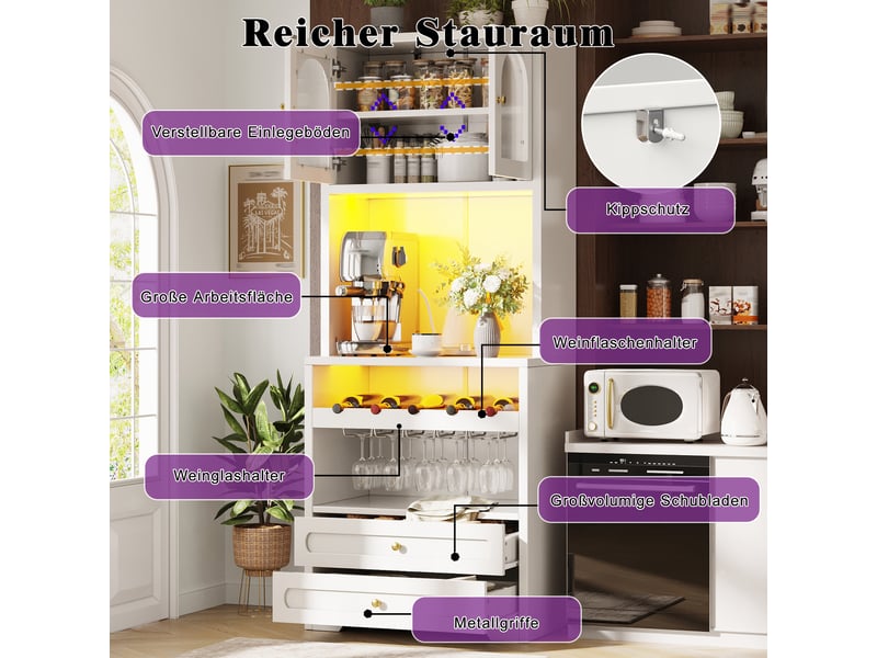  Buffet avec portes vitrées, tiroirs, led et range-bouteilles pour salle à manger en mdf 140×40×180 cm blanc  - Conforama C