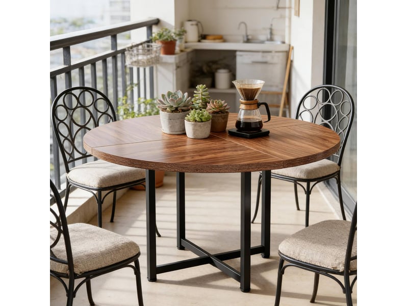 Table de salle à manger ronde pour 4 à 6 personnes, style industriel, en métal et bois noir et marron, diamètre 120 cm - Conforama D