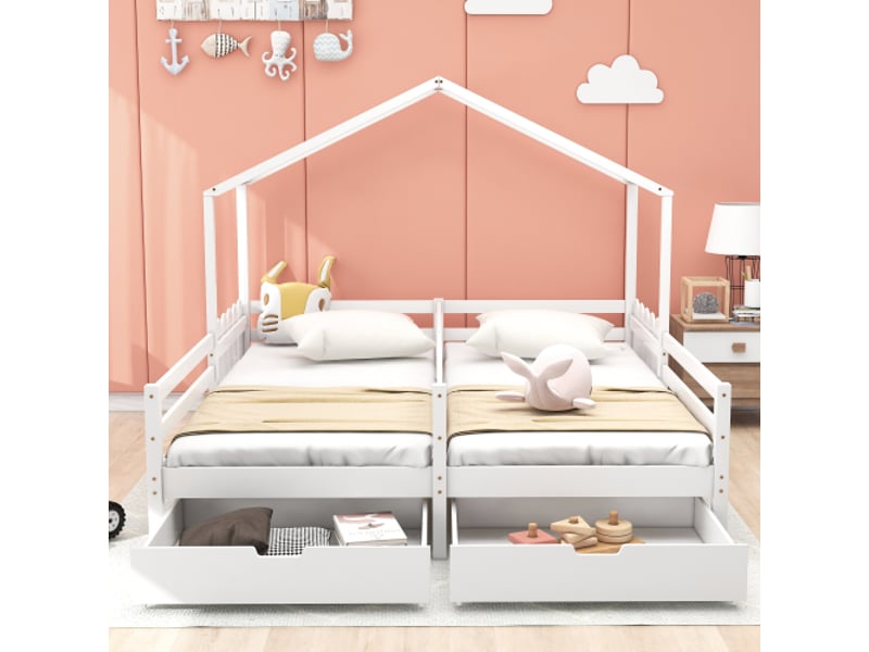  Lit cabane 90x200 cm, lit double en forme de maison avec 2 tiroirs, en bois, blanc, sans matelas  - Conforama C