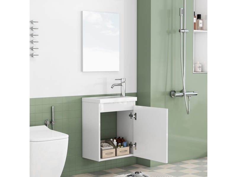  Meuble salle de bain suspendu 40 cm avec vasque en céramique et miroir - blanc brillant gain de place  - Conforama D