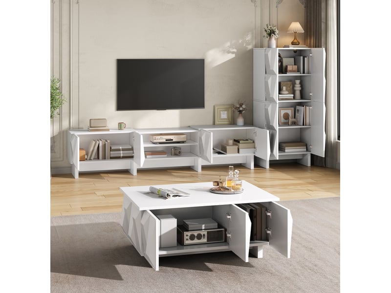  Ensemble salon 3 pièces, meuble tv 180 cm, buffet, table basse, façades 3d, panneaux de particules, blanc  - Conforama D