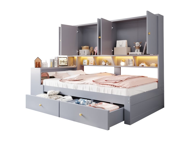  Lit enfant 90x200 cm lit simple avec bureau intégré et compartiments, tiroirs, éclairage led et prises, gris, sans matelas  - Conforama A