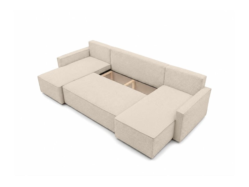  Farah - canapé d'angle panoramique convertible 6 places accoudoirs slim en tissu bouclettes généreuses  - Conforama D