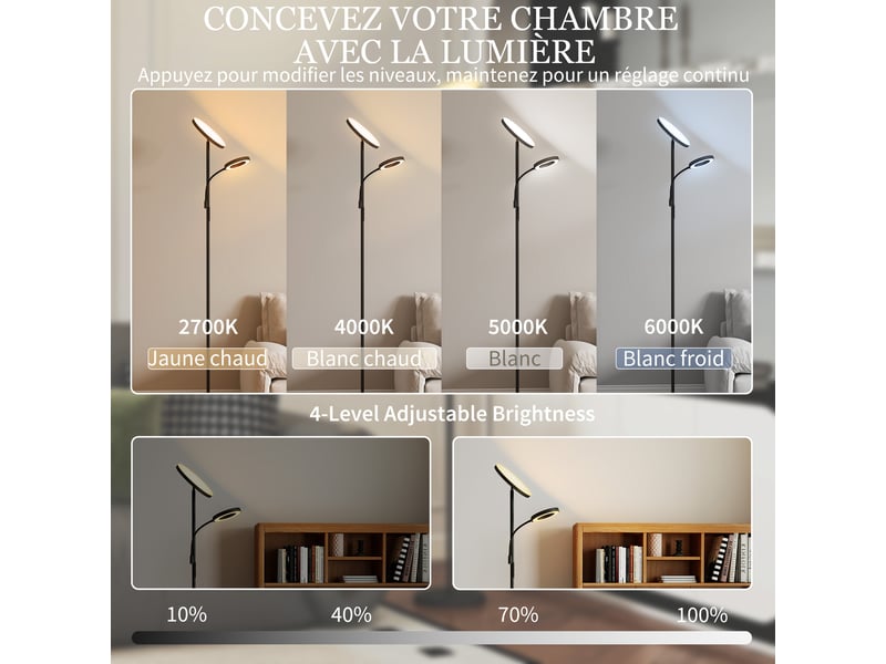  Lampadaire led 42w dimmable 2700k-6500k 4 couleurs variation continue, télécommande et contrôle tactile, 4 modes scène  - Conforama D