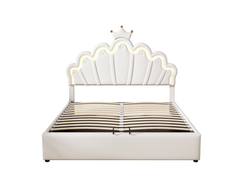  Lit princesse blanc 140x200 cm rembourré avec couronne et led réglable  - Conforama A