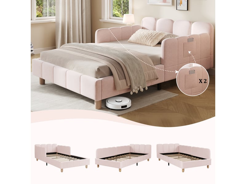  Lit banquette rembourré 90x200 cm, lit simple avec tête de lit, lit enfant, barrière de sécurité, pieds bois massif, velours, rose Seren Glow - Conforama D