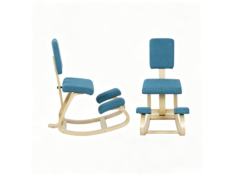Chaise ergonomique à genoux avec dossier en tissu bleu foncé, structure en bois et mouvement de balancement doux - Conforama A