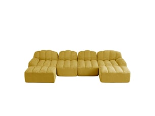 Canapé d'angle modulable 4 places jaune en tissu bouclette, avec 2 poufs, forme u pour le salon familial