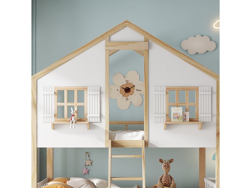  Lit superposé en bois massif et mdf blanc et naturel 90x200 cm  - Conforama E