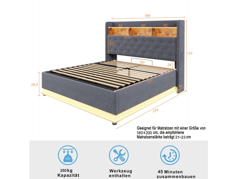  Lit 2 places rembourré 180x200 cm – gris – coffre hydraulique, led multicolores et port usb – sans matelas  - Conforama C