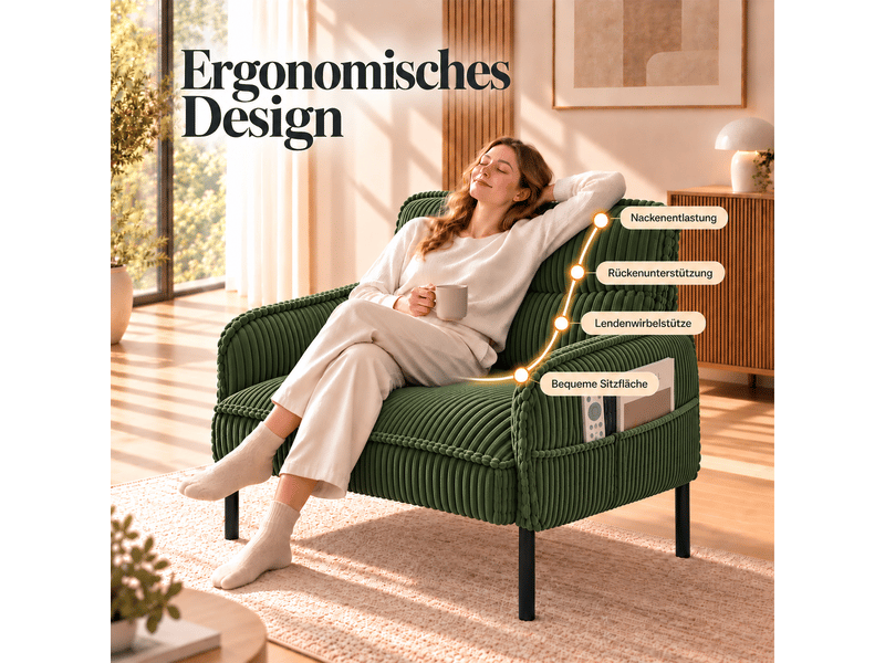 Fauteuil de salon - fauteuil 1 place en velours tricoté avec accoudoirs et poches latérales, 69 x 73 x 83 cm, vert  - Conforama D