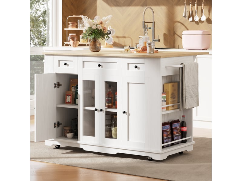Îlot de cuisine mobile 151.5x6085x91.7 cm, plateau rabattable avec 3 tiroirs, 4 portes et rangements, blanc - Conforama B