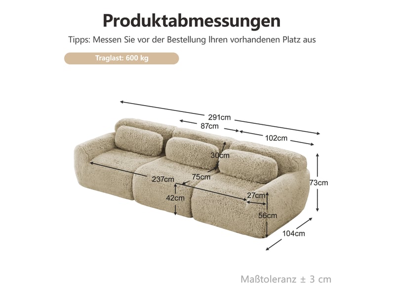 Canapé droit en tissu bouclette kaki, 3 places, 291 cm, modulable W3325S00203 - Conforama E
