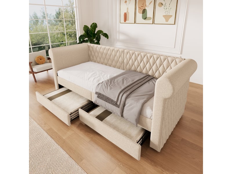  Lit banquette 90x200 cm avec rangement et dossier haut, lit simple enfantado, sans matelas, lin, beige  - Conforama E