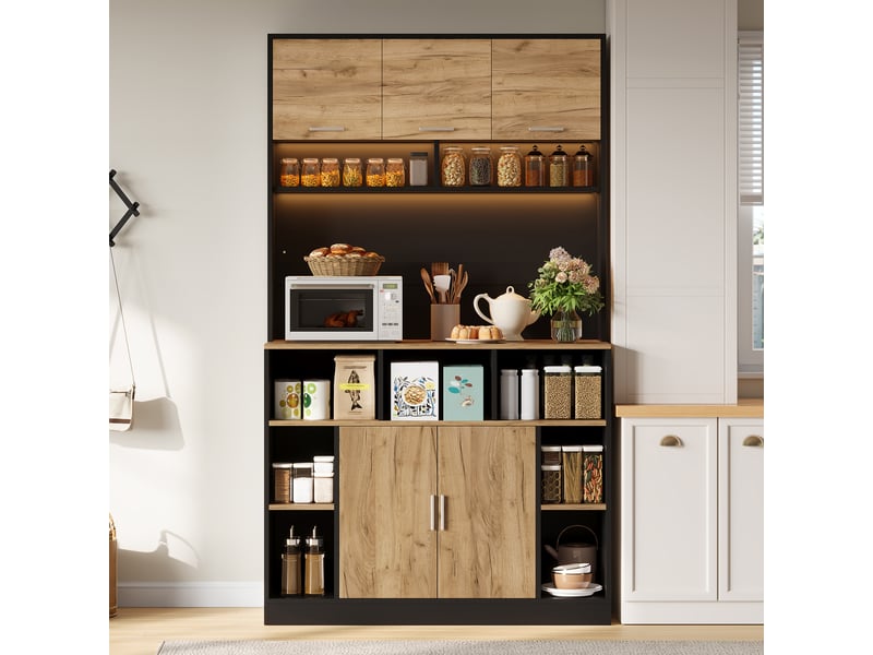Armoire colonne cuisine 105x40x180 cm noir bois avec led rgb, 5 portes, étagères réglables, vitrine de rangement moderne pour salon et cuisine - Conforama C