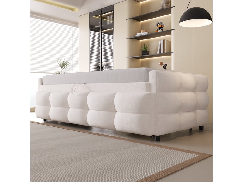  Canapé-lit extensible 90180*190cm, lit capitonné, pouf, tissu teddy, coloris beige, livré sans matelas.  - Conforama C