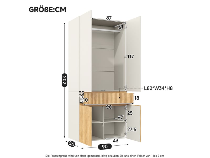  Armoire 4 portes modenvie 90 x 50 x 200 cm avec penderie et tiroir mdf gris clair et chêne clair  - Conforama C