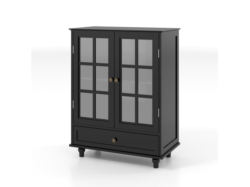  Buffet bas 71x38x93 cm avec 2 portes en verre de sécurité trempé et 1 tiroir en mdf couleur noir, moderne  - Conforama A