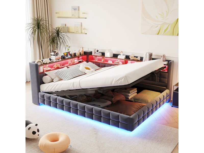  Lit banquette enfant coffre 140 x 200 cm avec led, usb, usb-c, prise et étagères, velours gris foncé Fay Lum - Conforama B