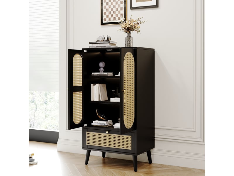  Buffet haut 60x40x110.5 cm avec 2 portes et 1 tiroir, décor rotin, noir  - Conforama D