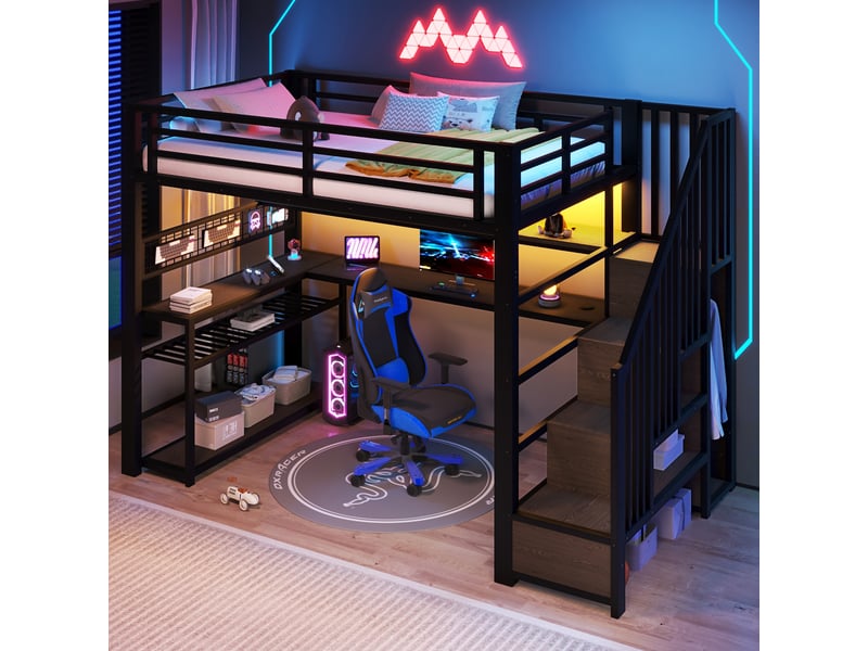 Lit mezzanine gaming avec bureau et armoire 90x200cm,led rgb,escalier et rangements,métal et mdf,noir  - Conforama B