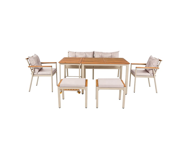 Ensemble repas de jardin en acacia 6-7 places, fauteuils, desserte amovible - Conforama A