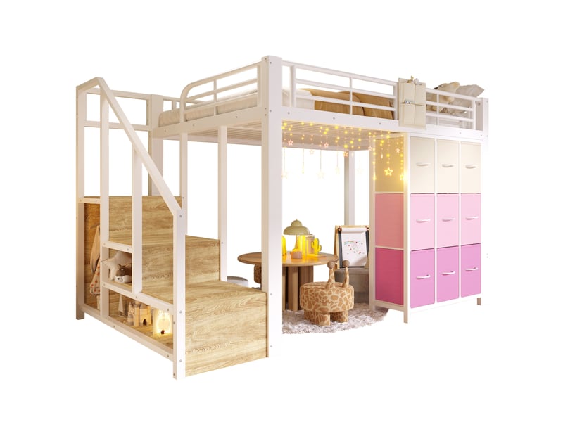  Lit mezzanine 140×200 cm sans matelas, structure métal, tiroirs, penderie, échelle de rangement, blanc  - Conforama A
