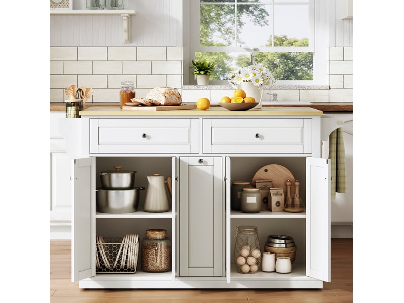  Desserte de cuisine mobile 121x49x89 cm blanc et bois clair, plateau rabattable  - Conforama D