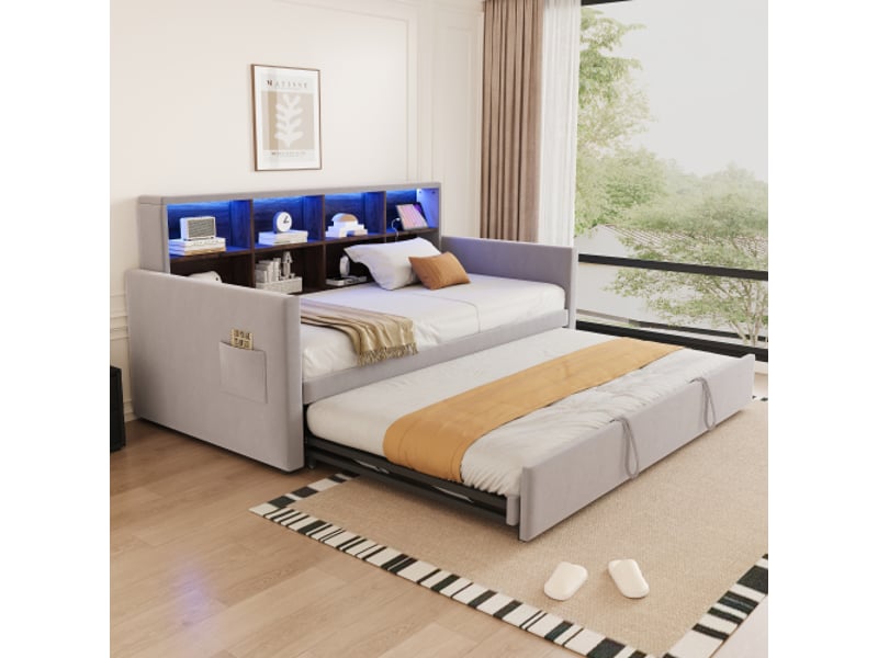  Canapé-lit 90x190 cm avec tête de lit et rangements – led et usb – velours gris clair  - Conforama B