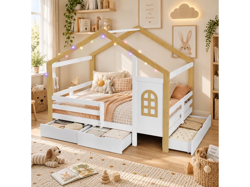 Lit cabane enfant 120x200 cm avec fenêtre, barrière de sécurité, 3 grands tiroirs et guirlande lumineuse modulable, lit en bois, blanc et naturel OPULERANE TRADING LTD - Conforama E