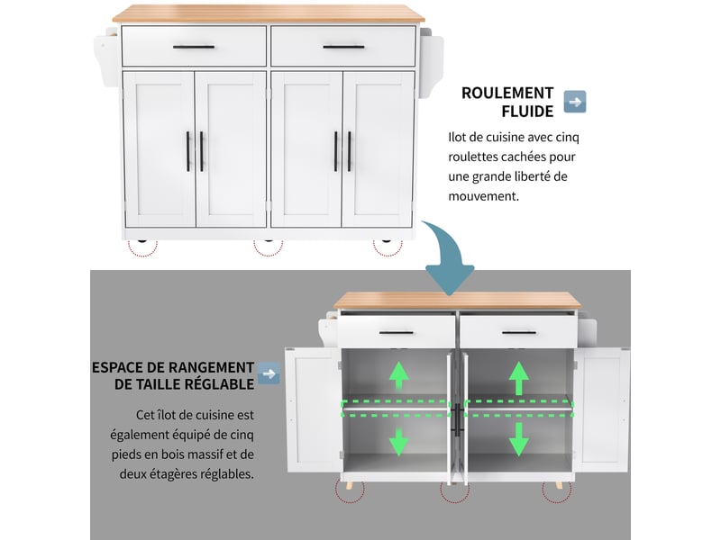  Buffet de cuisine 120x46x91.5cm, meuble de cuisine avec 2 tiroirs, 4 portes, plan de travail extensible, mdf, blanc+naturel  - Conforama E