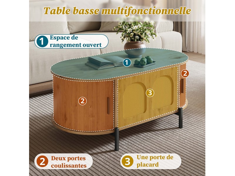  Table basse ovale en rotin 100x50x40 cm, espace de rangement, portes coulissantes, pour salon, mdf, couleur naturel  - Conforama D