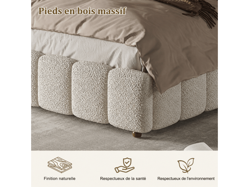  Lit double 140x190 cm avec coffre hydraulique et sommier – tête de lit capitonnée, grand rangement – bouclé blanc  - Conforama D
